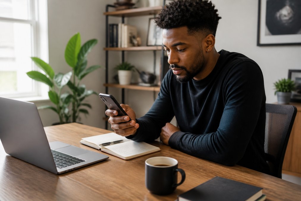 A young professional in a bright home office, sitting at a desk with a laptop, a cup of coffee, and a smartphone displaying an ebook cover, looking focused and motivated