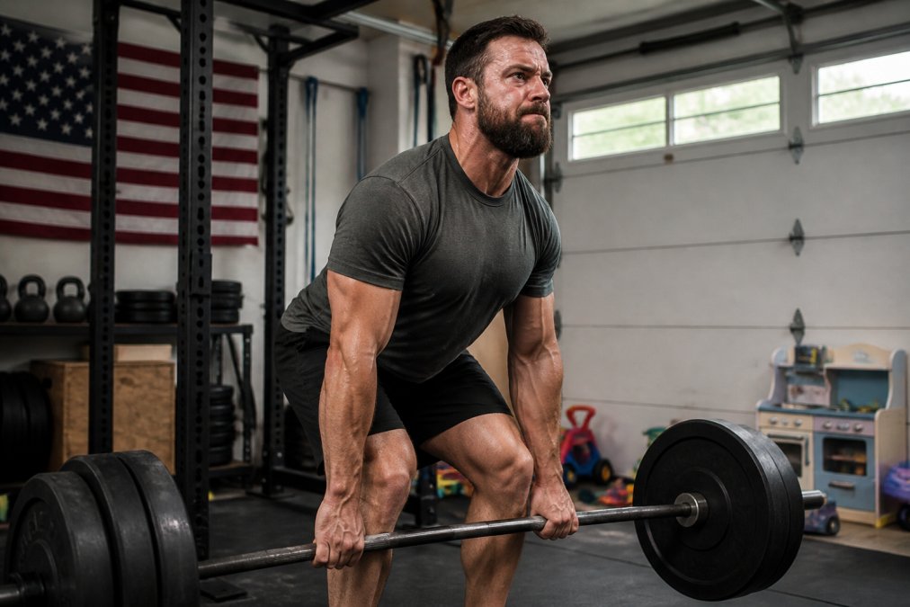 A father in his 30s wearing a rugged motivational gym shirt, mid-deadlift in a home garage gym, with children's toys visible in the background, showing the blend of training and family life