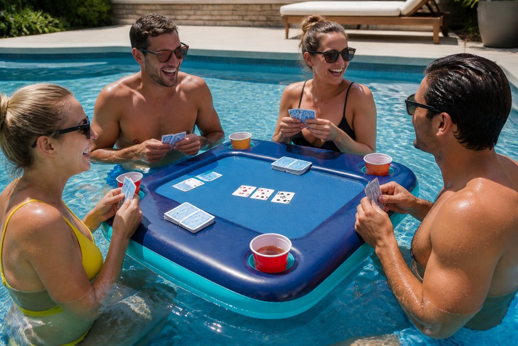A bright, sunny backyard swimming pool scene with an inflatable floating game table in the water, surrounded by friends laughing and playing with waterproof cards and drinks in cup holders