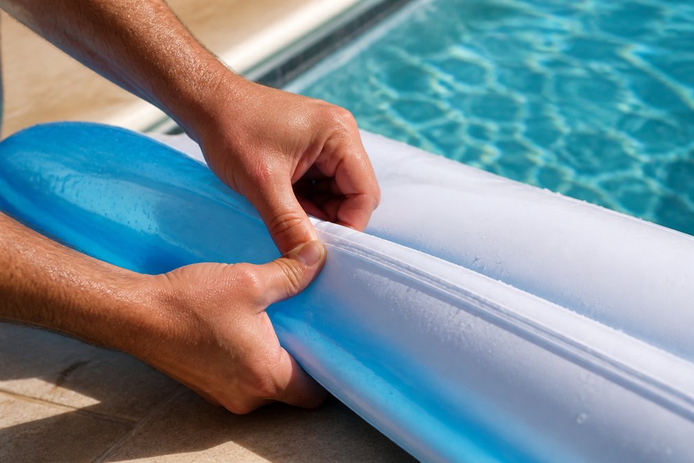 Hands pressing the seam of a PVC pool raft to test pool toy quality near a swimming pool edge.