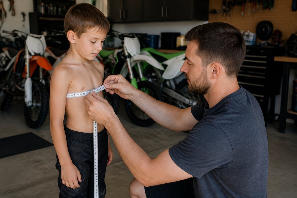 A father kneeling beside his young child, holding a flexible measuring tape around the child's chest in a garage with dirt bikes in the background