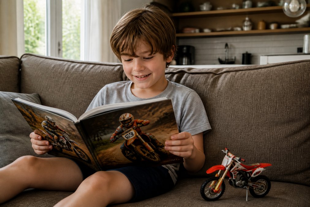 A young child smiling while reading one of their favorite motocross books on a couch next to a dirt bike toy.