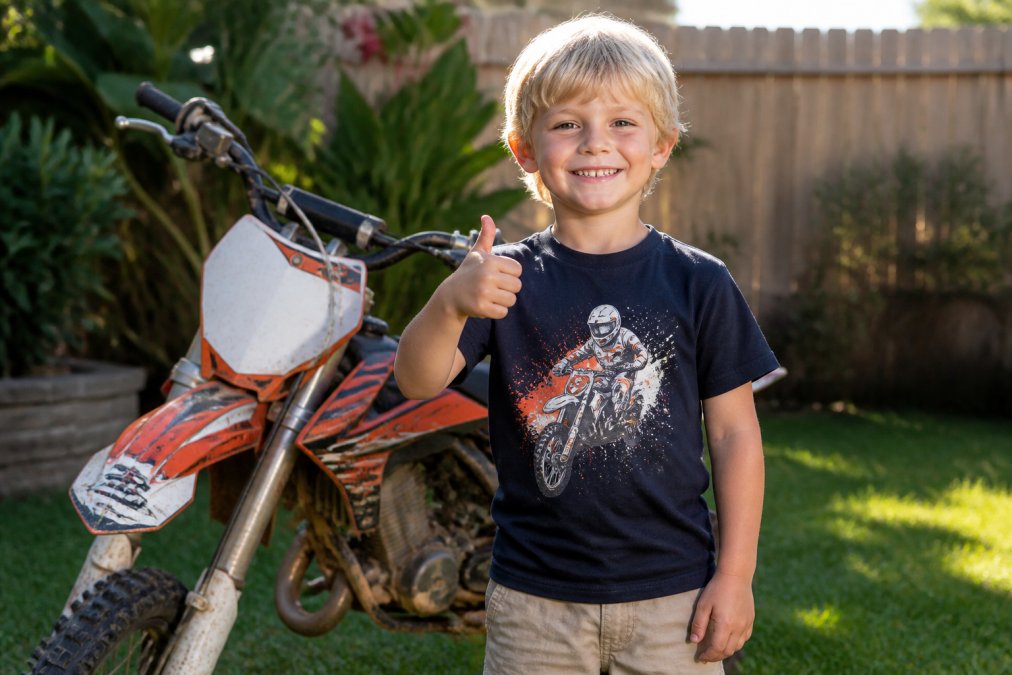 Smiling child wearing motocross clothing giving a thumbs up next to a dirt bike in a sunny backyard