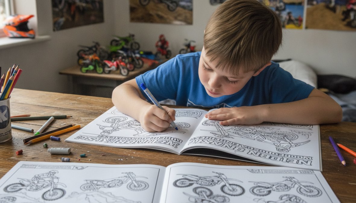 Young boy sitting at a table concentrating as he colors a motocross dirt bike illustration with colored markers and pencils, natural window lighting