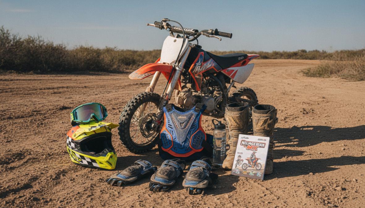 Young motocross rider wearing full protective gear including helmet, body armor, gloves, and boots standing confidently next to a dirt bike on a training track