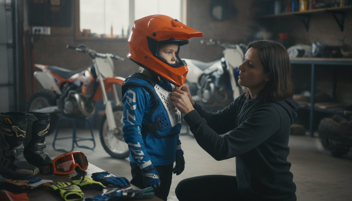 Parent measuring young rider's chest and waist with soft measuring tape, rider standing in proper upright position for accurate measurements