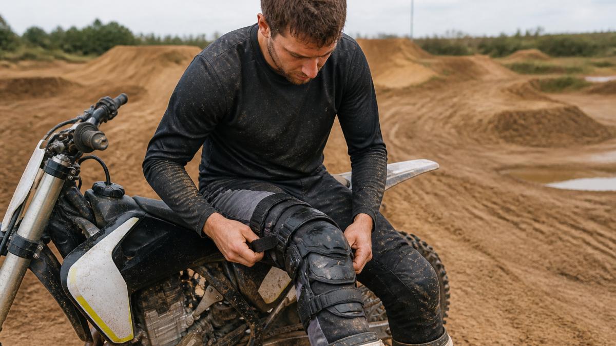 Motocross rider seated on dirt bike during track break, adjusting knee brace straps and checking fit over riding gear