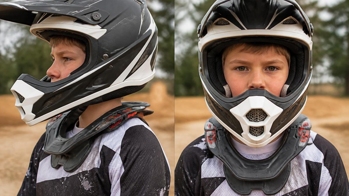 Young motocross rider wearing a properly fitted protective neck brace with a helmet
