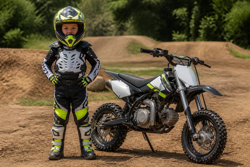 Young toddler rider in bright helmet with full-face protection standing confidently next to a small 50cc dirt bike, wearing complete youth-specific protective gear including chest protector, gloves, and boots in an outdoor motocross training area