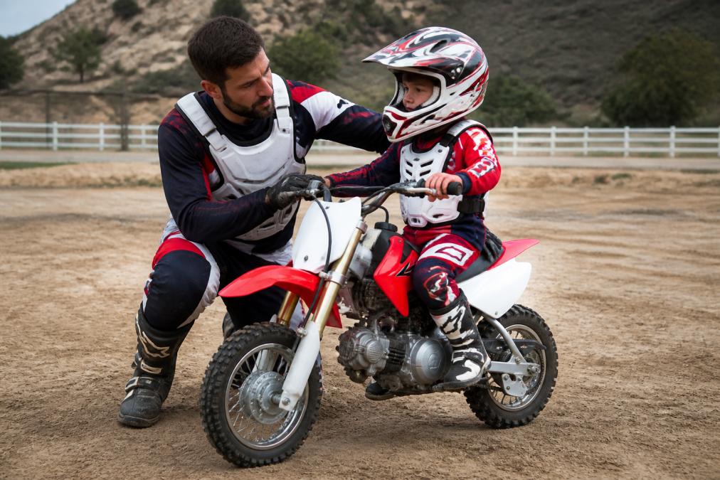 Adult instructor in protective gear guiding a young toddler rider through proper body positioning and balance technique on a stationary 50cc dirt bike in a safe training area, demonstrating correct hand placement and seating
