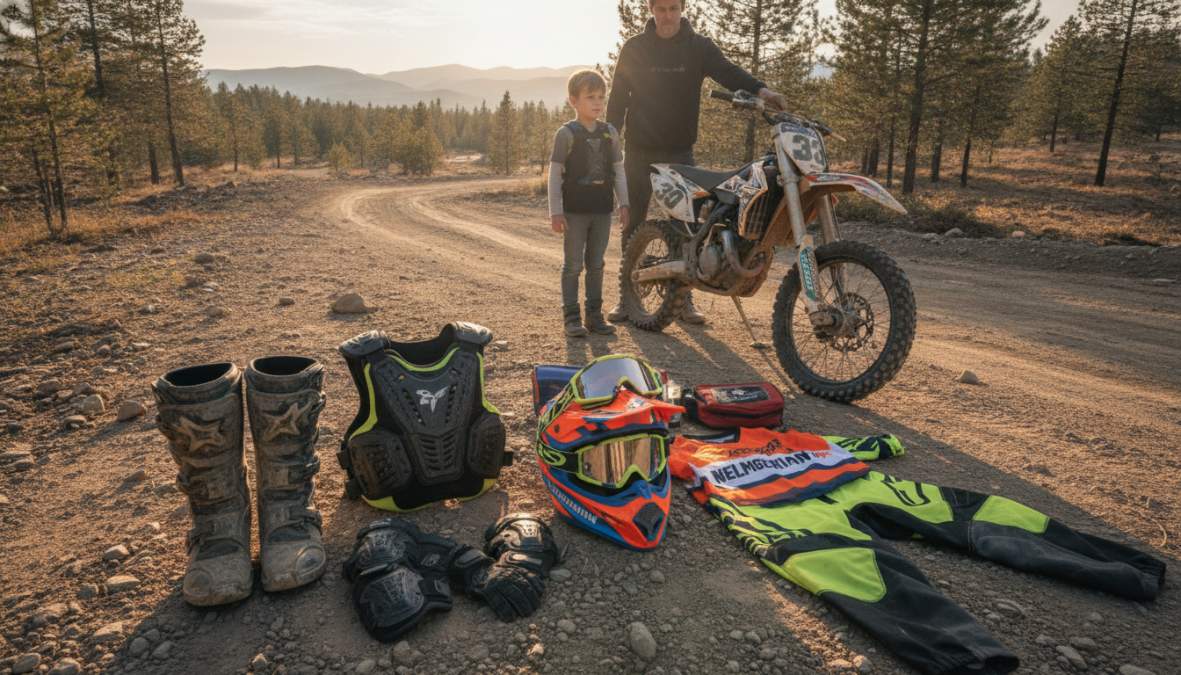 Young motocross rider wearing properly fitted helmet with goggles, body armor, gloves, and boots standing next to dirt bike in outdoor riding area