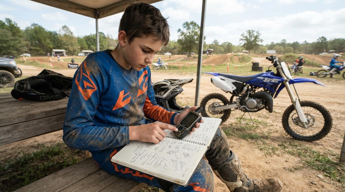 Young motocross rider reviewing training data on a tablet after practice session, sitting trackside with helmet and gloves nearby, natural afternoon lighting