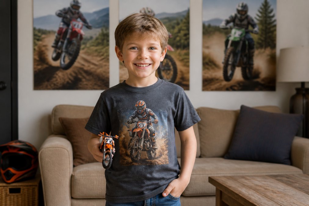 A young child wearing a motocross-themed t-shirt and holding a toy dirt bike, smiling in a living room with racing posters on the wall