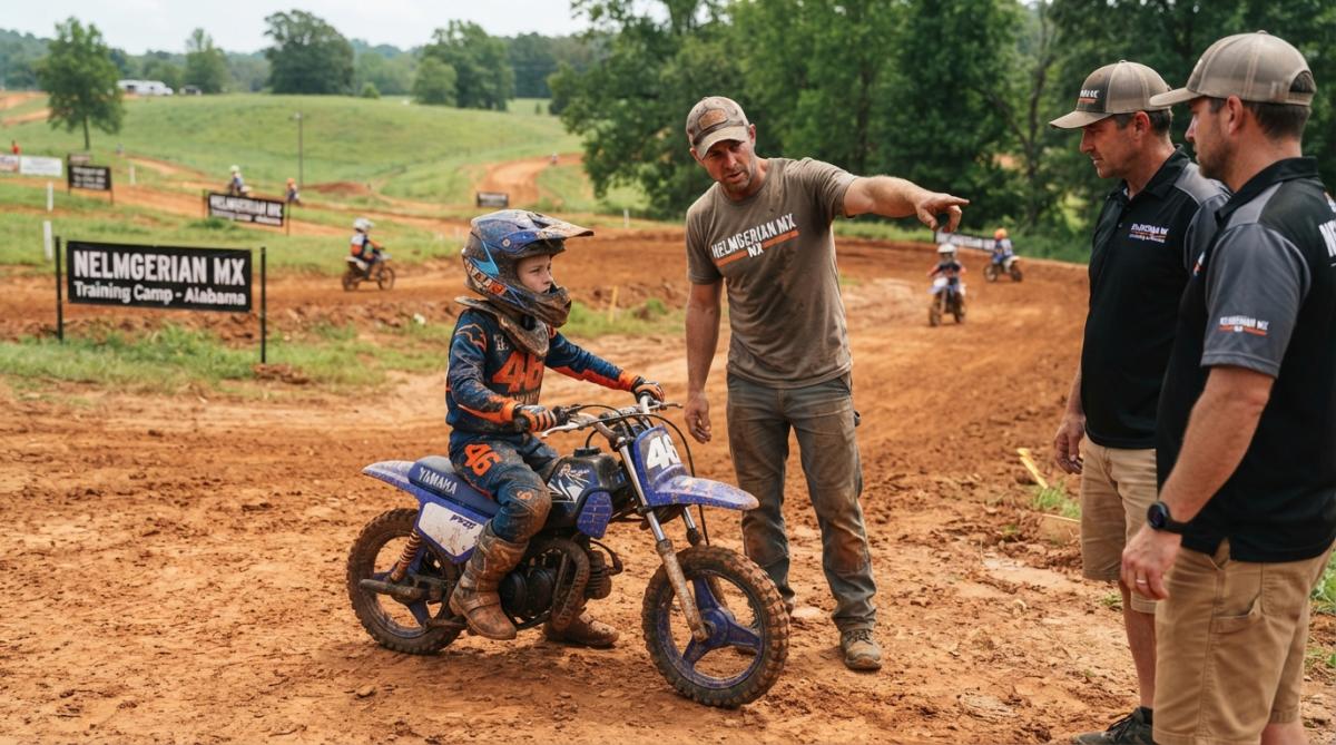 Young rider navigating a bermed turn on a motocross track with coaching staff observing from the sideline and providing feedback