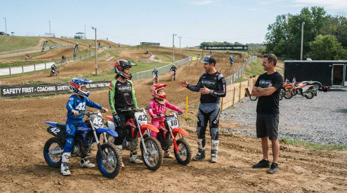 Family of four riders in full safety gear standing together at professional dirt bike track with coaches nearby, showing mentorship and family environment in natural outdoor lighting