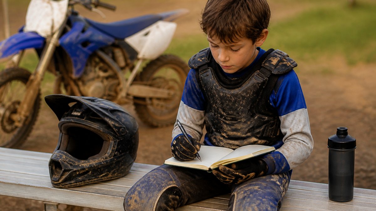 Young rider in protective gear writing notes in a training journal after a motocross practice session