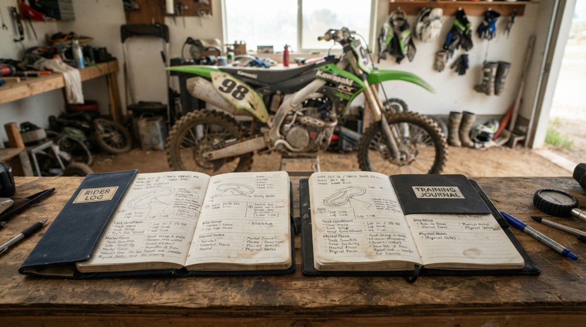 Motocross rider sitting trackside reviewing handwritten notes in a training journal with a dirt bike visible in the background, natural sunlight on the notebook