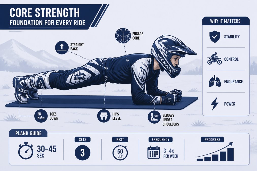 Young rider in full protective gear performing core strength exercises on a mat outdoors, showing proper form during a plank with elbows up and engaged posture, natural daylight
