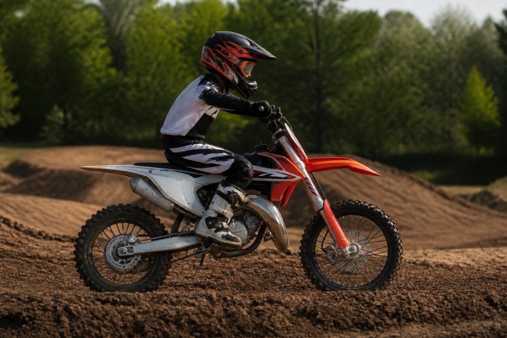 Beginner rider on a dirt bike demonstrating proper body positioning with elbows up and forward lean, shot from the side angle during low-speed practice session in afternoon sunlight