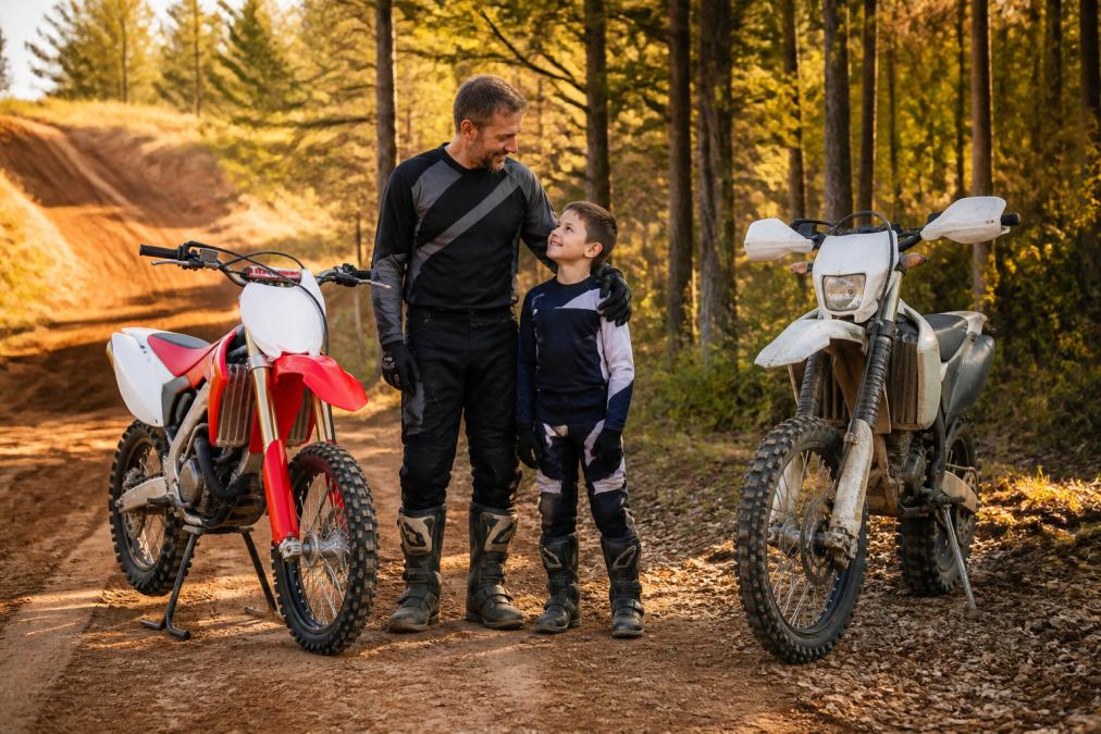 A father and child standing between two dirt bikes at a trailhead, one a motocross bike with knobby tires parked on a groomed track edge, the other an enduro bike with a headlight and larger fuel tank resting on a forest trail, golden afternoon light filtering through the trees
