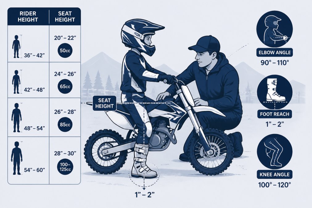 Parent and child examining seat height on a properly fitted dirt bike in outdoor setting, with child's feet nearly touching ground while seated, showing correct ergonomic positioning