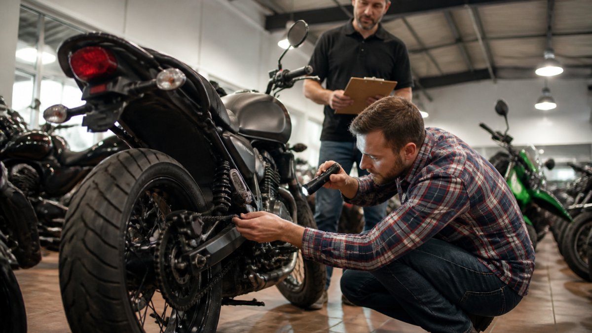 A buyer crouching beside a used motorcycle in a dealership showroom, inspecting the tires and chain with a flashlight while a salesperson stands nearby holding a clipboard