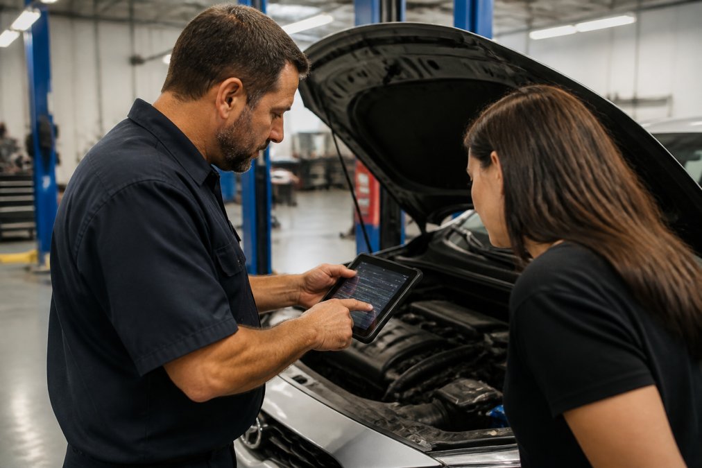 A certified technician in a clean, organized auto repair shop pointing at a digital diagnostic readout on a tablet, explaining the results to a car owner who is listening attentively, bright overhead workshop lighting