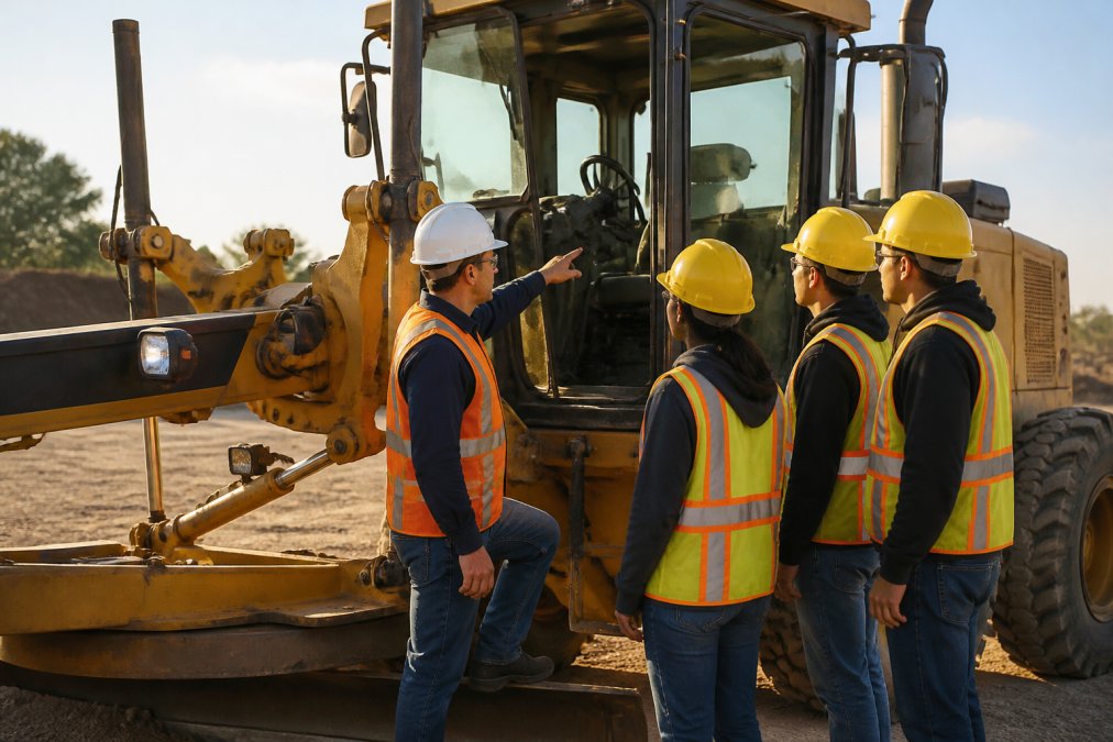 Instructor standing beside a motor grader on a construction site, pointing out specific controls to a group of three students gathered around the operator cabin during morning light