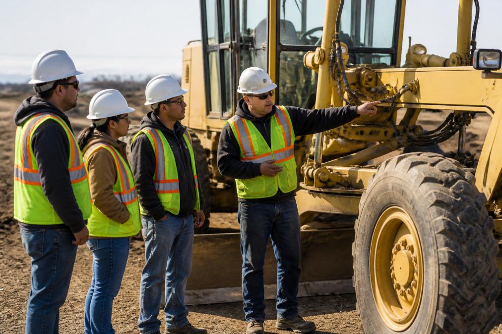 Instructor demonstrating pre-shift inspection procedures to three students standing beside a motor grader, pointing to hydraulic hoses and tire condition in morning sunlight on a job site