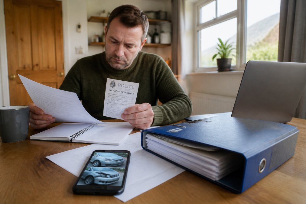 A person at a kitchen table in a Scottish home sorting paperwork, with a police incident reference note, photographs of vehicle damage on a phone, and a folder of documents beside an open laptop