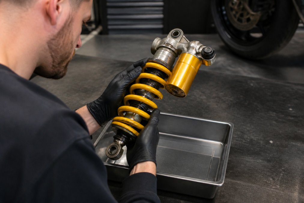 Technicus inspecteert Ohlins-schokdemper op versleten onderdelen, olielek en fysieke beschadigingen