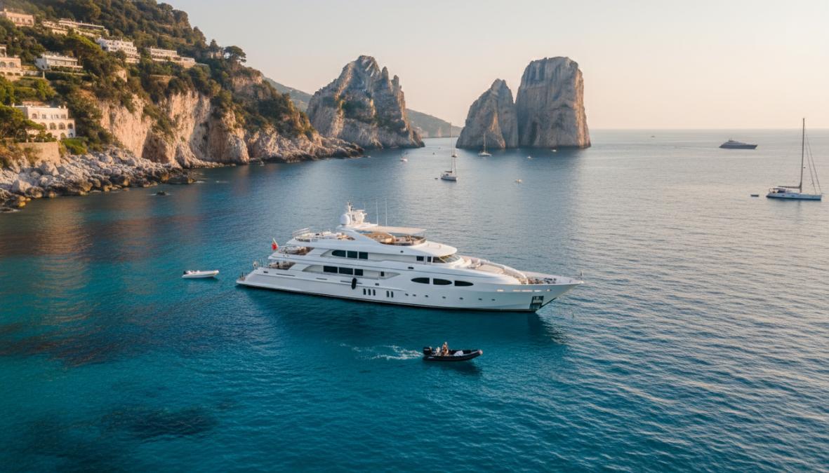 Professional illustration showing Aerial, Mediterranean for Motor Yacht for charter in the Mediterranean