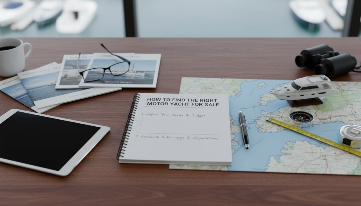 Step-by-step visual guide for sleek and white and luxury concepts for motor Yacht for sale