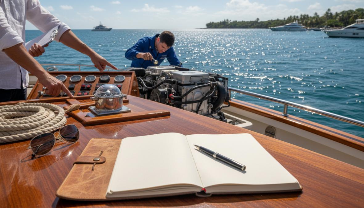 Professional illustration showing marine and surveyor and polo concepts for motor Yacht for sale