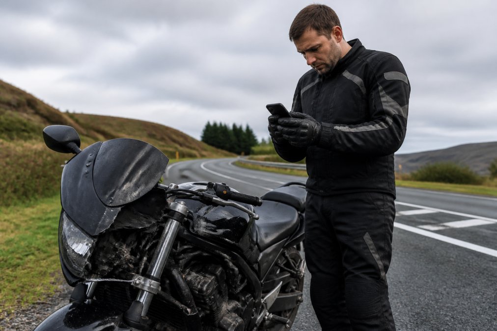 Motorcyclist in protective gear standing beside a damaged motorcycle on the roadside, examining damage with smartphone in hand, grey overcast sky, with road markings visible