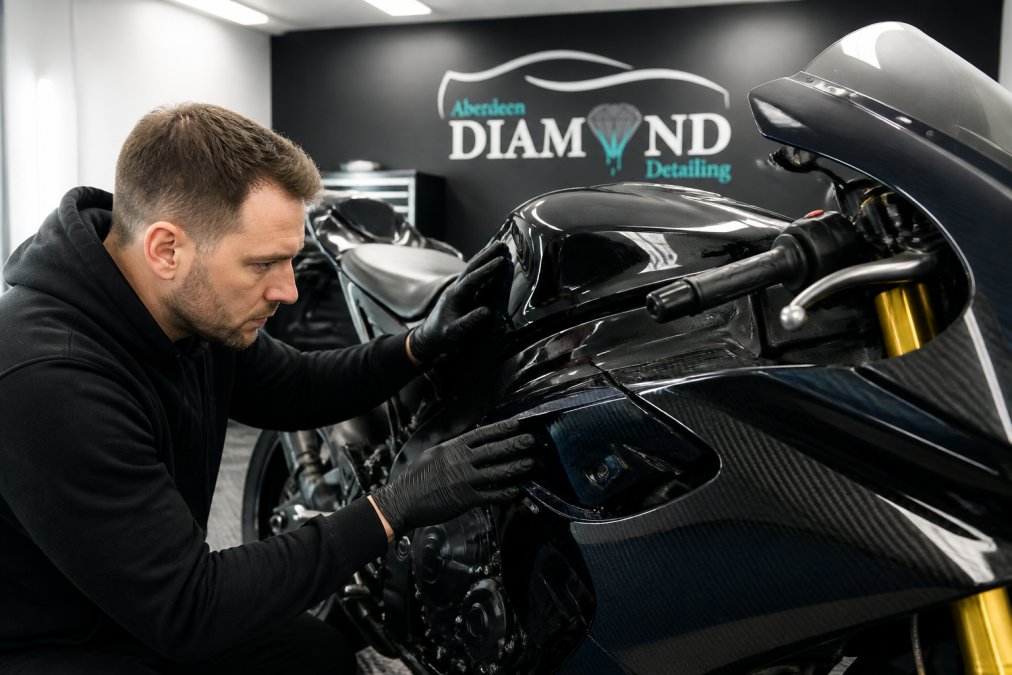Close-up of a motorcycle fuel tank and fairing being inspected by a detailer wearing gloves, with a clean workshop behind and bright lighting highlighting the paintwork