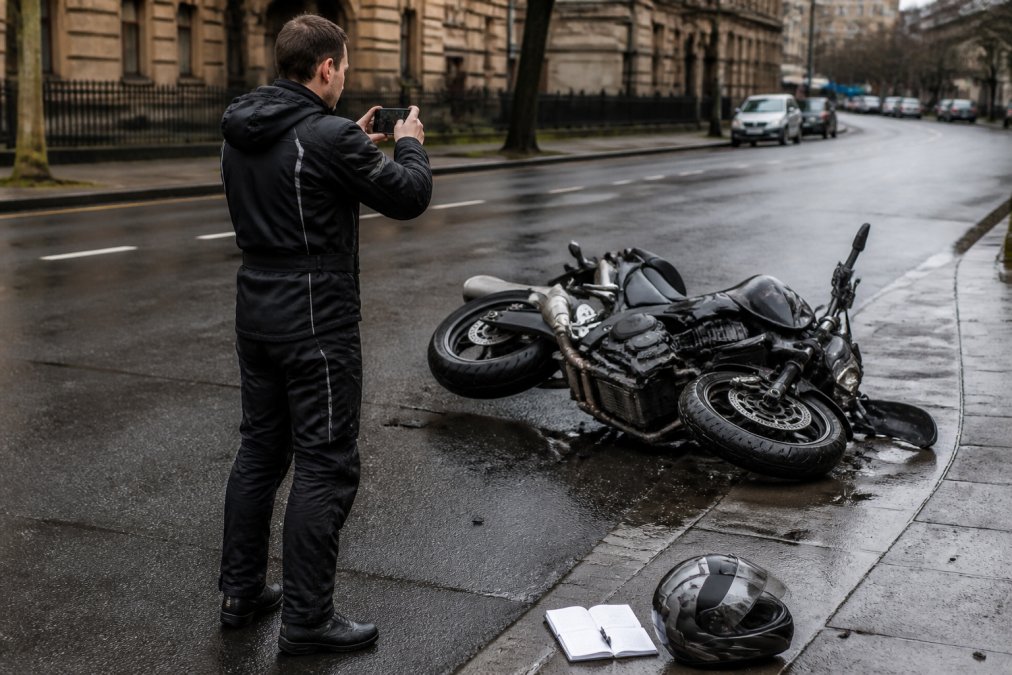 A motorcyclist in protective gear standing beside a damaged motorcycle on a wet Glasgow street, holding a phone to photograph the scene, with a notebook and helmet nearby