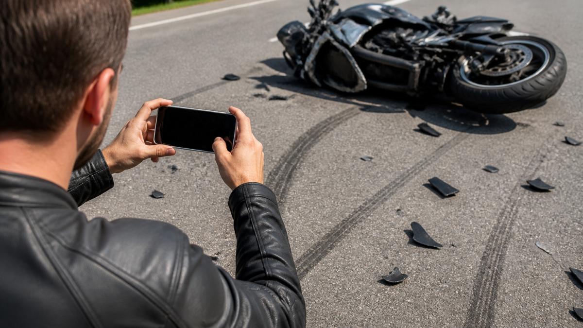 Motorcycle rider photographing accident scene damage with smartphone, showing overturned or damaged motorcycle against road background with visible skid marks and debris scattered across asphalt
