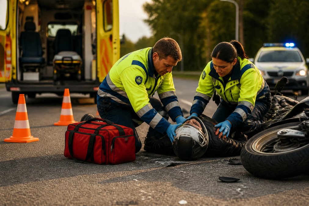 Emergency responders attending to injured motorcycle accident victim on a road with damaged motorcycle visible, paramedics in high-visibility gear providing care, traffic cones marking the scene