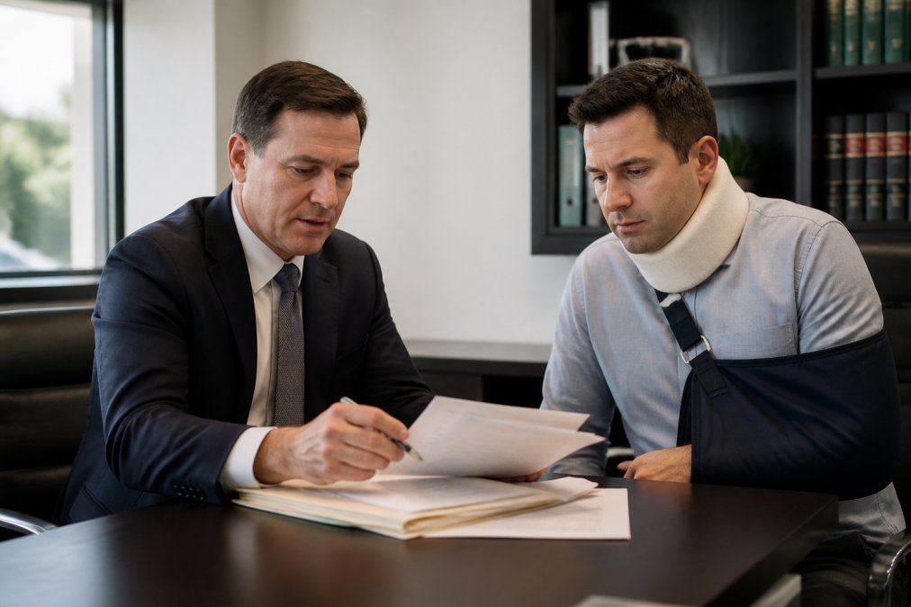 Professional attorney in modern office meeting with injured motorcycle accident victim, reviewing case files and settlement documents on desk, natural office lighting, serious professional consultation