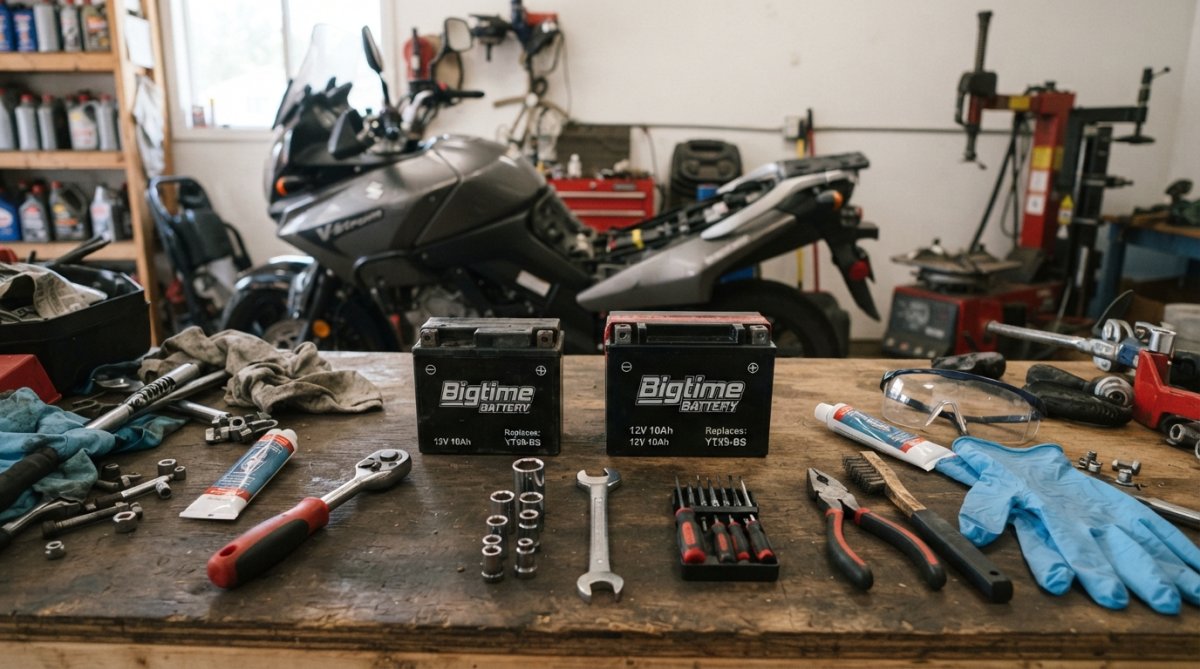 Close-up of motorcycle battery replacement tools laid out on a workbench, including wrench, multimeter, safety gloves, and protective eyewear