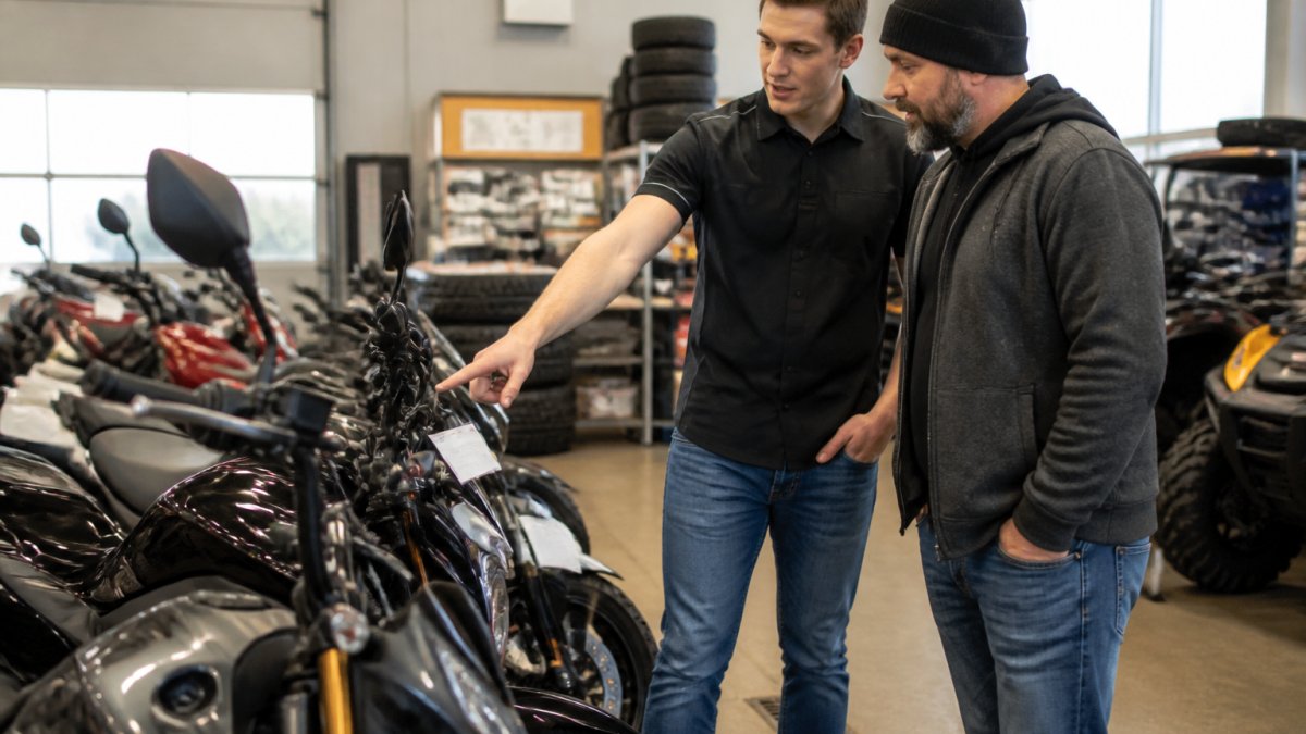 Staff member explaining motorcycle features to a customer at a showroom among top motorcycle dealers.