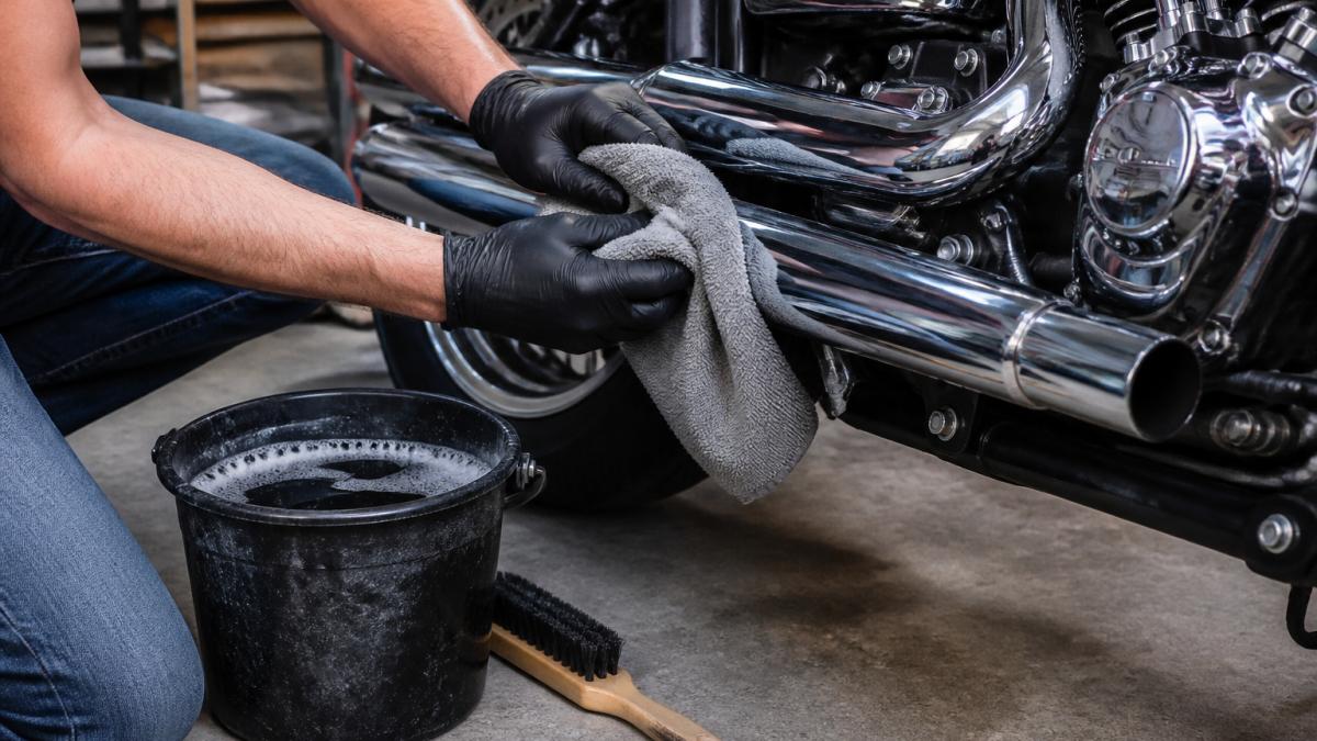 Close-up of gloved hands using a microfiber cloth to wipe down a chrome motorcycle exhaust pipe, with a bucket of soapy water and a soft brush visible on the ground nearby in a garage setting