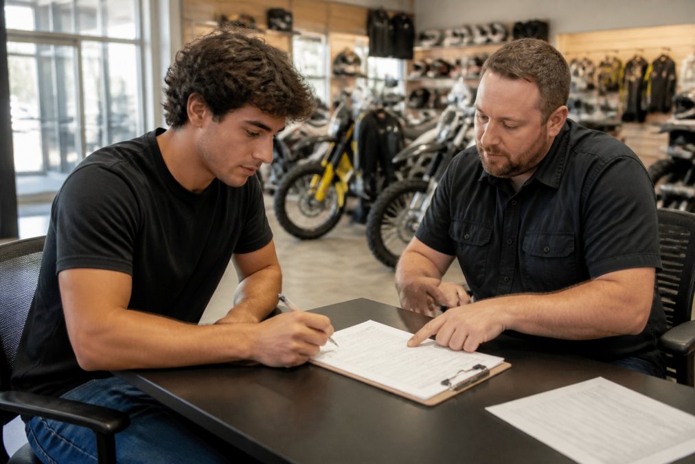 A customer at a powersports dealership reviewing loan documents with a sales representative at a clean, modern desk. The customer holds a pen and looks at the paperwork while the representative points to a line on the form.