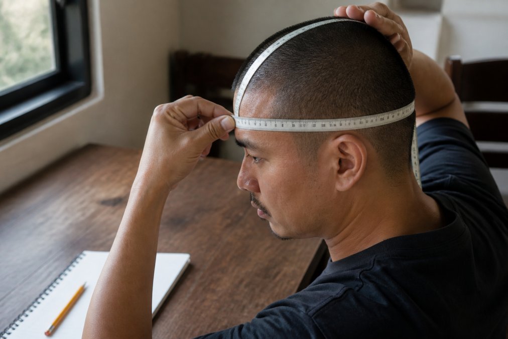 Close-up photo of a person using a soft measuring tape wrapped around their forehead just above the eyebrows, with a second tape measuring front-to-back head length, a notepad and pencil on a wooden table beside them, soft window light