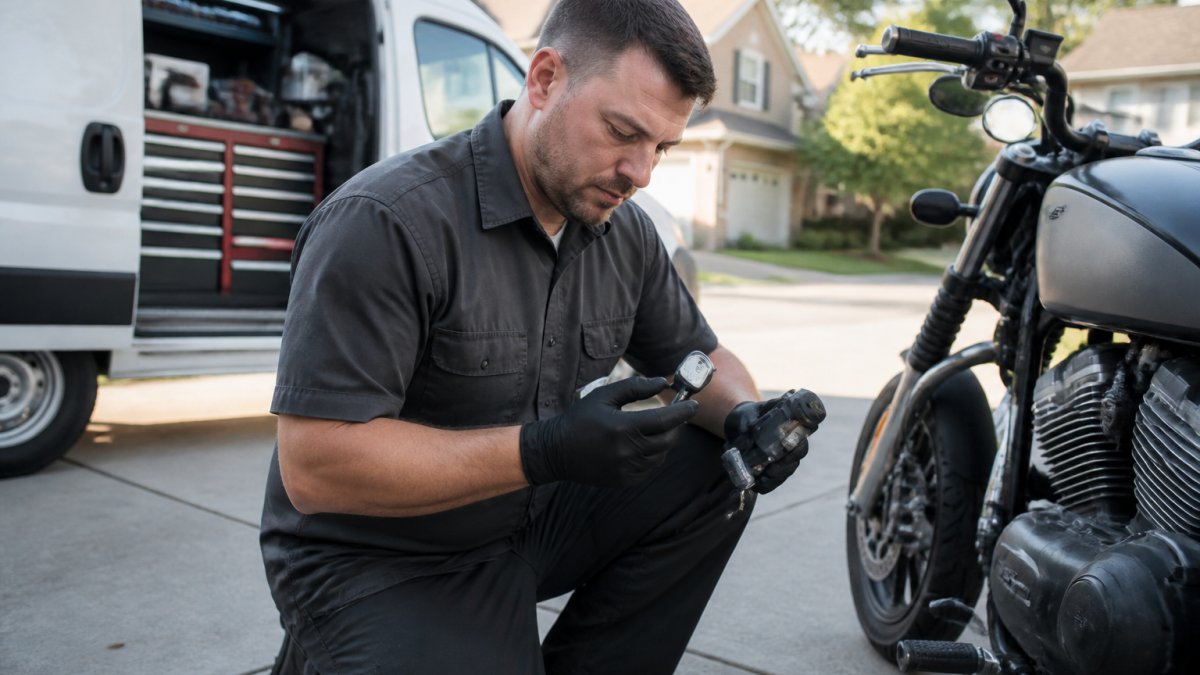 A locksmith technician in work clothes kneeling beside a parked motorcycle in a driveway, holding a key cutting tool and a transponder key, with a mobile service van visible in the background