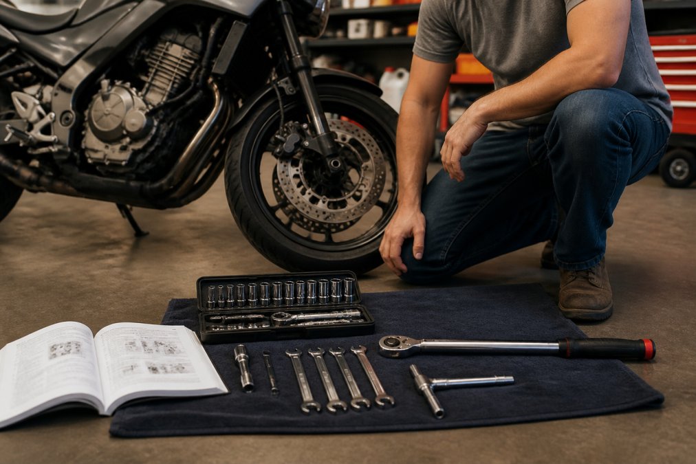 Beginner rider preparing tools for motorcycle maintenance on a garage floor with a manual and socket set nearby.