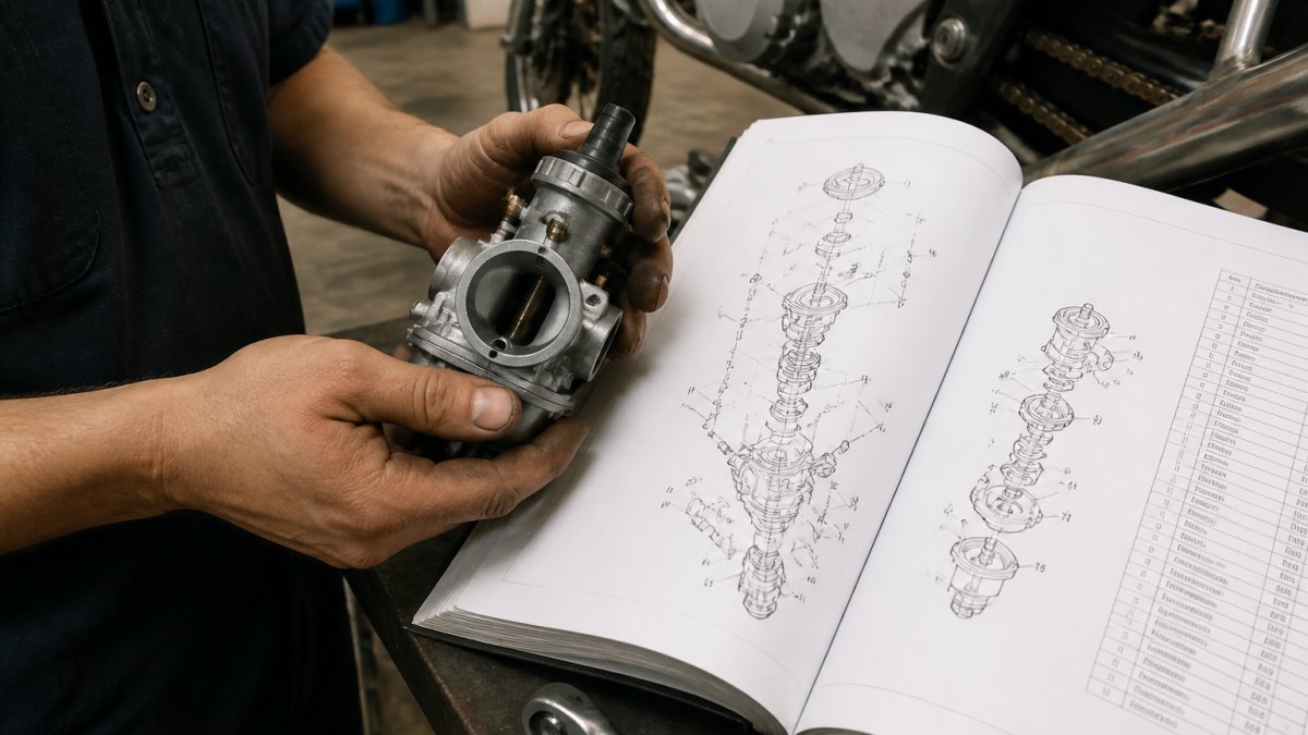 Mechanic's hands holding a motorcycle replacement part next to an exploded parts diagram in a service manual, comparing fitment specifications under bright workshop lighting