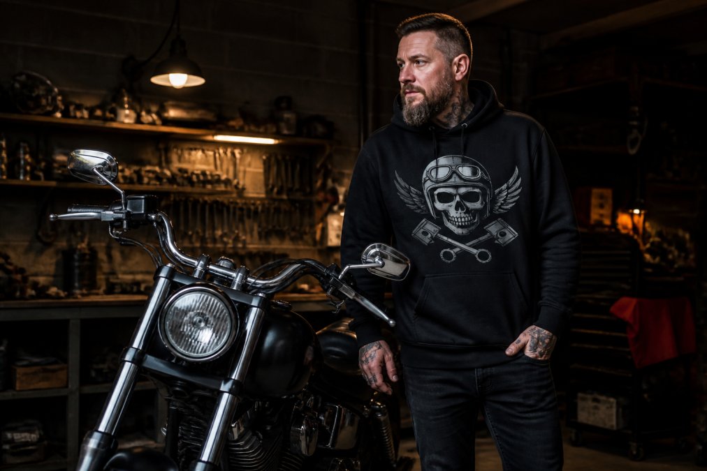A man wearing a black graphic motorcycle hoodie standing next to a parked motorcycle in a garage, warm overhead lighting, tools visible on a workbench behind him