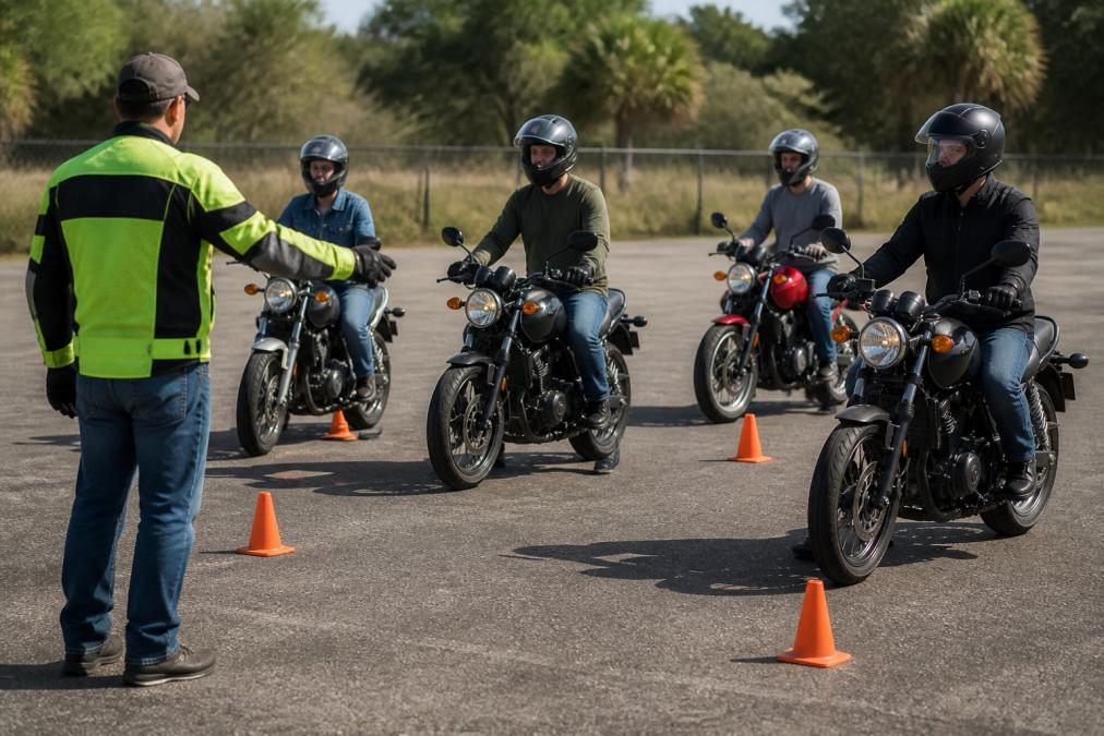 Instructor guiding beginner students through motorcycle riding lessons in a sunny Florida training lot